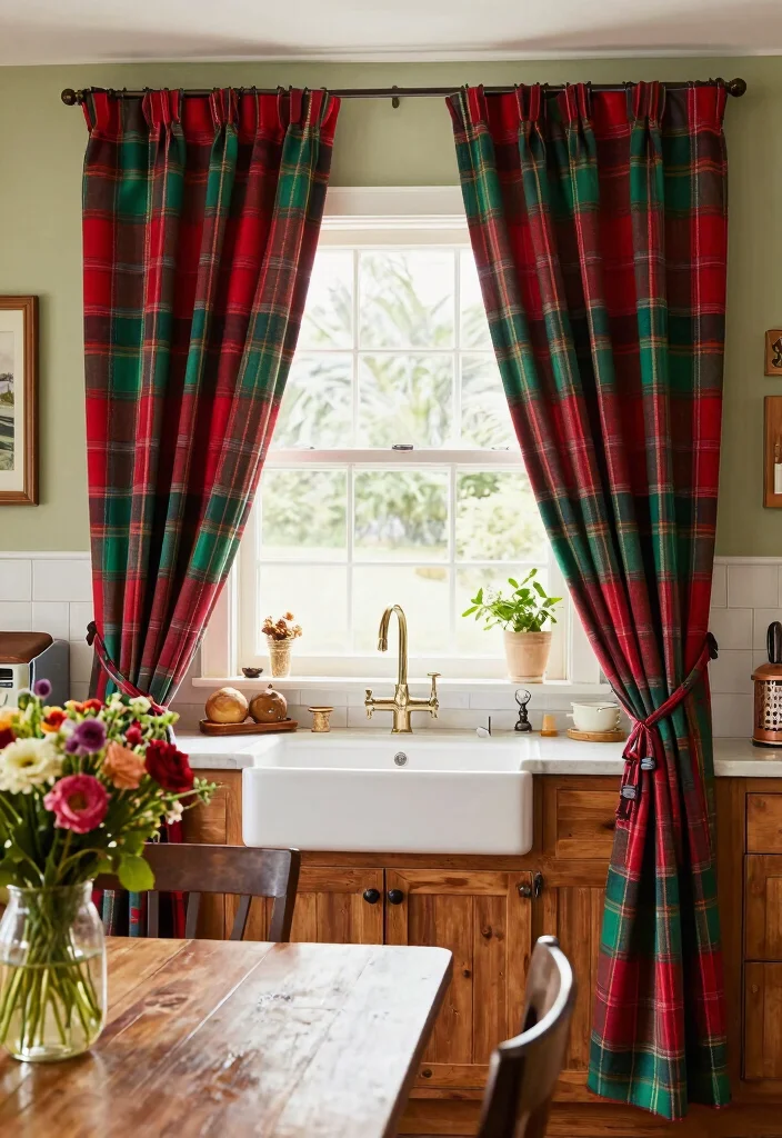 17 Curtains Kitchen Window Ideas With Charming Detail - 2. Plaid Patterned Drapes 1