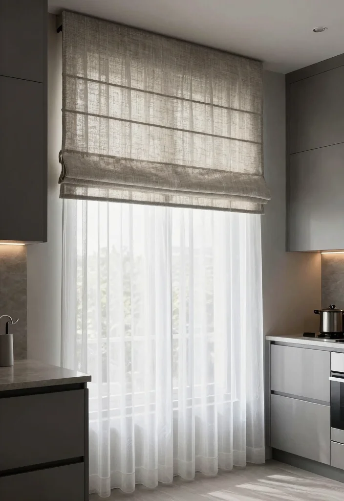17 Curtains Kitchen Window Ideas With Charming Detail - 4. Sheer Curtains with Roman Shades 1