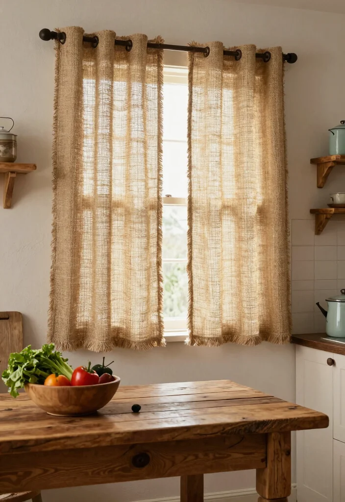 17 Curtains Kitchen Window Ideas With Charming Detail - 5. Burlap Curtains for a Rustic Touch 1