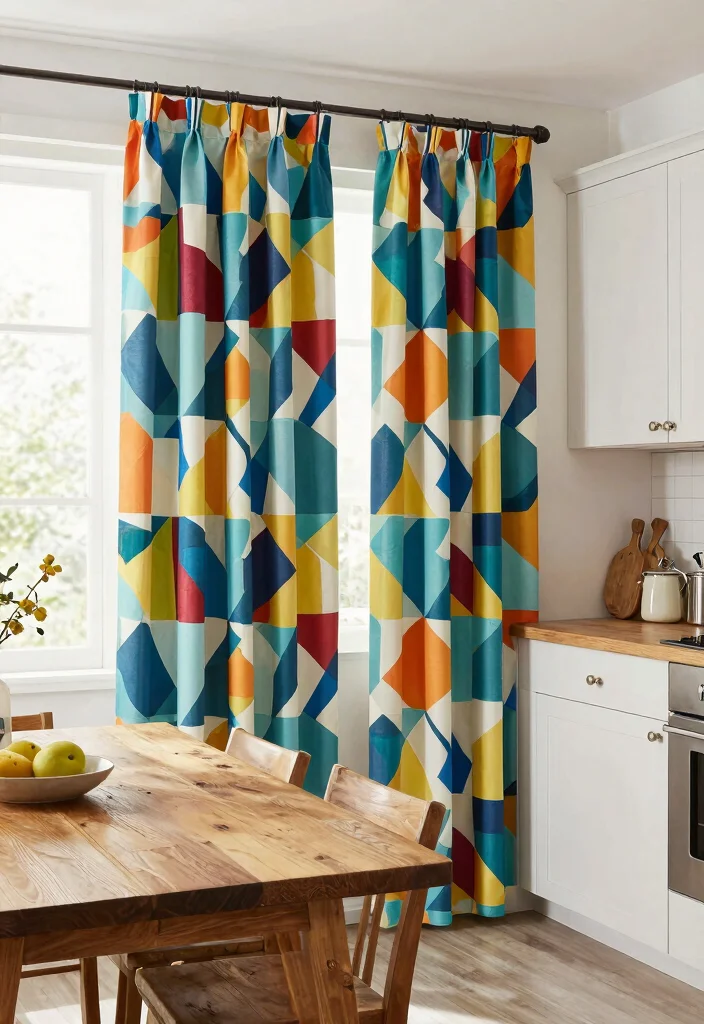 17 Curtains Kitchen Window Ideas With Charming Detail - 9. Bold Geometric Patterns 1