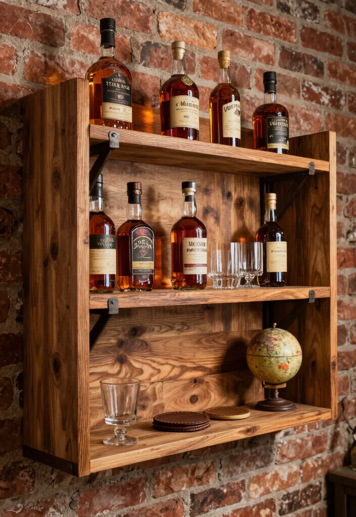17 Whiskey Shelf Ideas With Bold Masculine Charm - 1. Reclaimed Wood Elegance 1