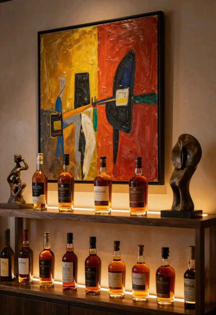 17 Whiskey Shelf Ideas With Bold Masculine Charm - 17. Collaborate with Art 1
