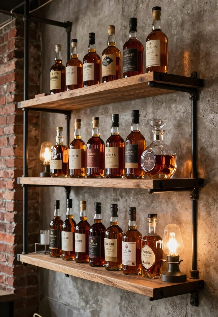 17 Whiskey Shelf Ideas With Bold Masculine Charm - 2. Industrial Pipe Supports 1