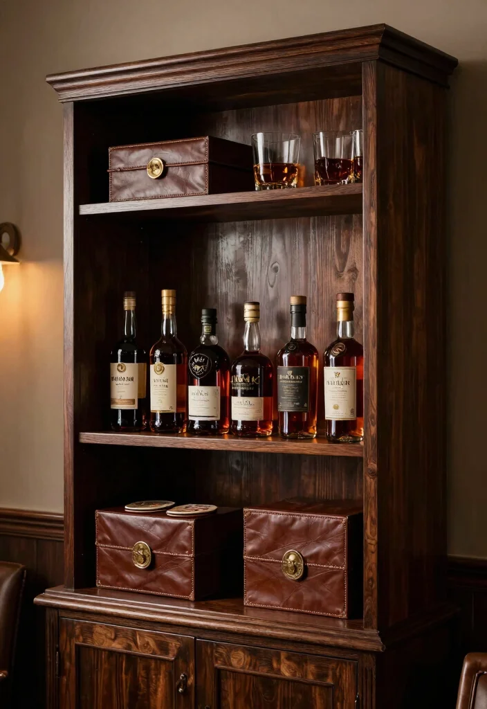 17 Whiskey Shelf Ideas With Bold Masculine Charm - 5. Dark Wood with Leather Accents 1