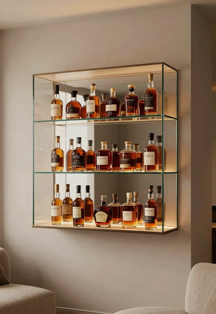 17 Whiskey Shelf Ideas With Bold Masculine Charm - 6. Floating Shelves with Glass Fronts 1