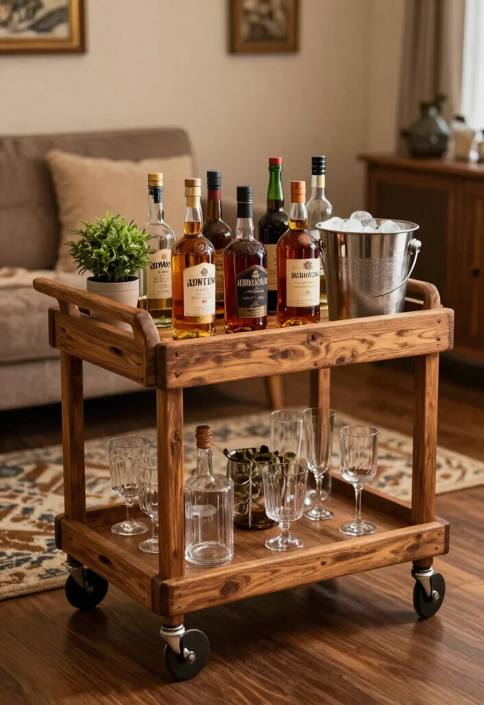 17 Whiskey Shelf Ideas With Bold Masculine Charm - 7. Rustic Cart Display 1