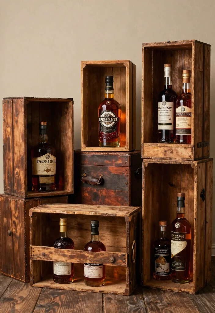 17 Whiskey Shelf Ideas With Bold Masculine Charm - 8. Vintage Crates and Boxes 1