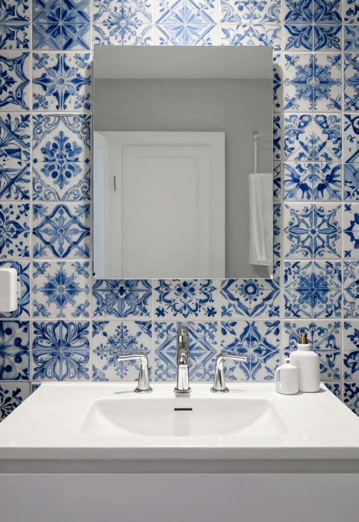 18 Bathroom Vanity and Mirror Ideas That Transform Your Space - 17. Artistic Tiles for Impact 1