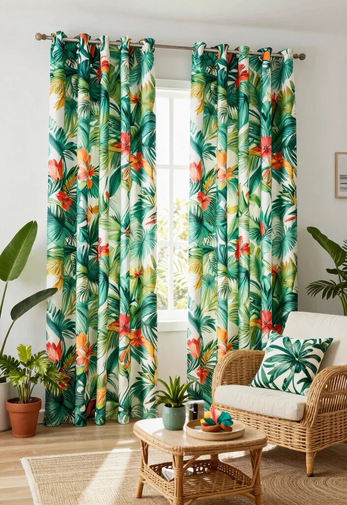 18 Floor Length Curtains Ideas That Add Instant Elegance - 17. Vibrant Tropical Prints for a Fun Escape 1