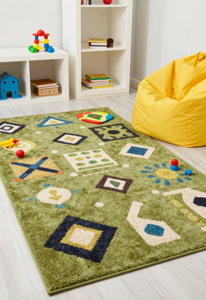 18 Olive Green Rug Ideas With Warm Modern Style - 13. Playful Patterns 1