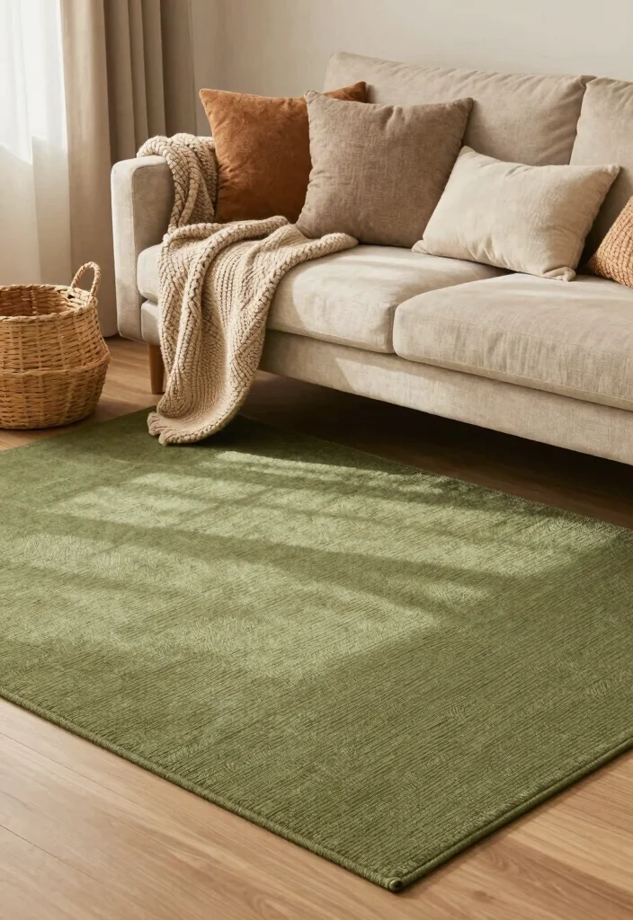 18 Olive Green Rug Ideas With Warm Modern Style - 14. Textured Layering 1