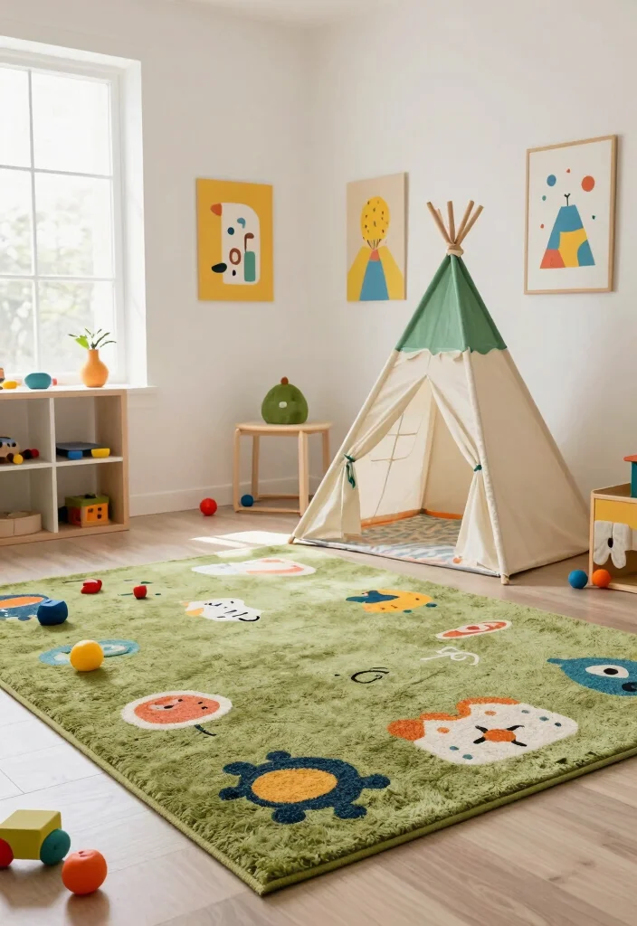 18 Olive Green Rug Ideas With Warm Modern Style - 18. Whimsical Touch 1