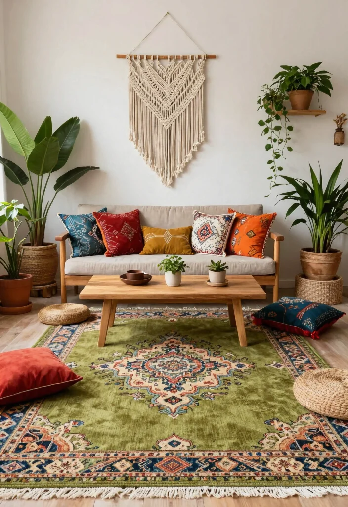 18 Olive Green Rug Ideas With Warm Modern Style - 2. Bohemian Vibes 1