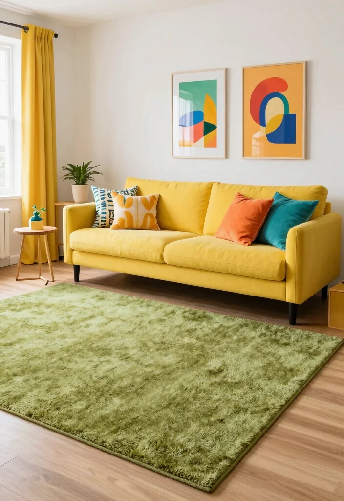 18 Olive Green Rug Ideas With Warm Modern Style - 4. Contrast with Bright Colors 1