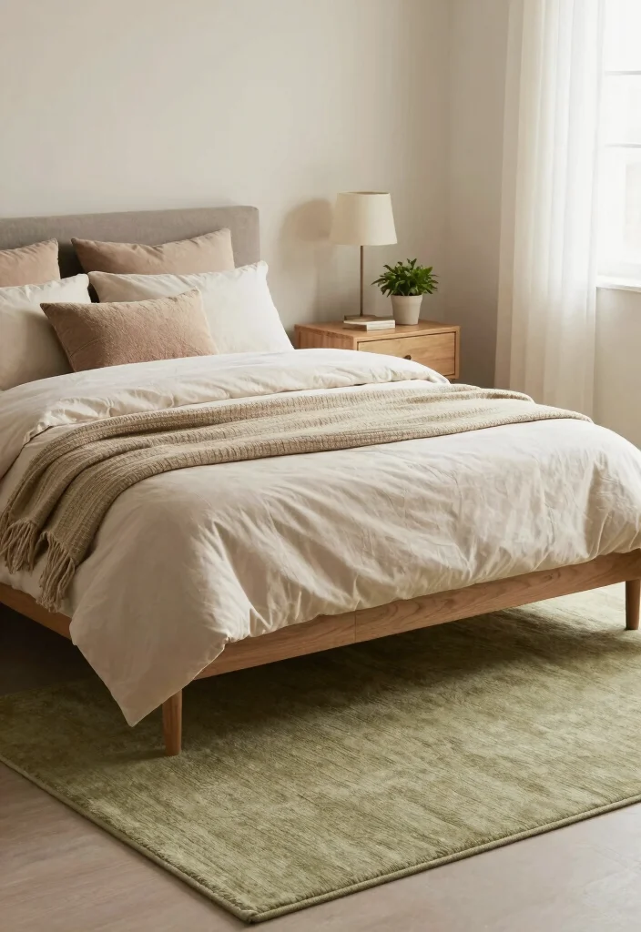 18 Olive Green Rug Ideas With Warm Modern Style - 7. Cozy Bedroom Retreat 1