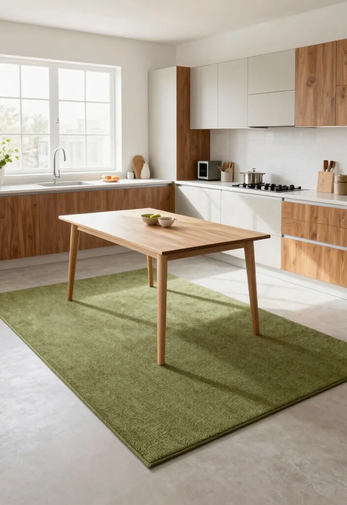 18 Olive Green Rug Ideas With Warm Modern Style - 8. Kitchen Area Accent 1