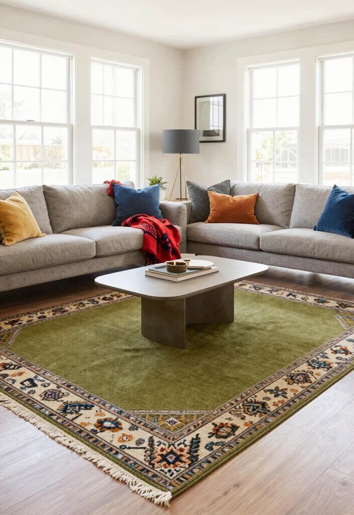 18 Olive Green Rug Ideas With Warm Modern Style - 9. Layering with Patterns 1