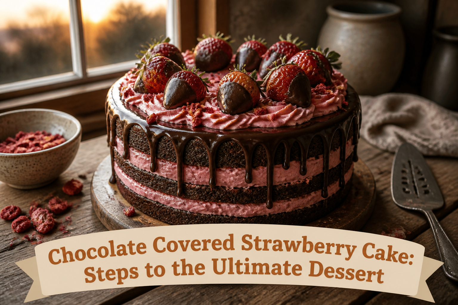 Chocolate Covered Strawberry Cake topped with strawberries and chocolate ganache.