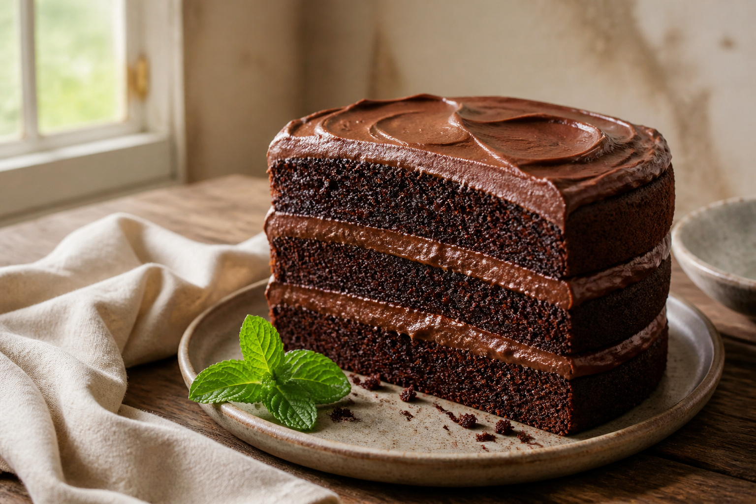 Chocolate layered cake with filling, topped with chocolate ganache and sprinkles.