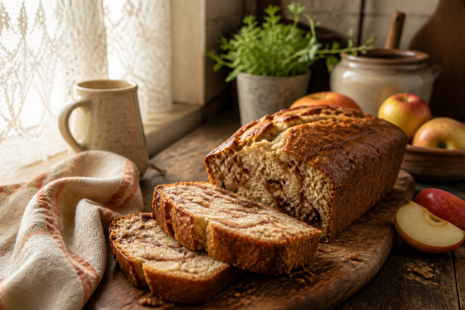 A loaf of cinnamon apple bread with visible apple chunks and cinnamon sugar topping.
