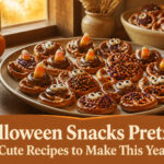 An assortment of Halloween pretzel snacks with colorful toppings.