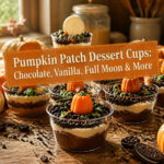 Colorful pudding cups with Halloween decorations and toppings on a countertop.