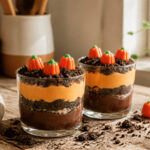 Clear cups filled with chocolate pudding, orange pudding, and Oreo crumbs.