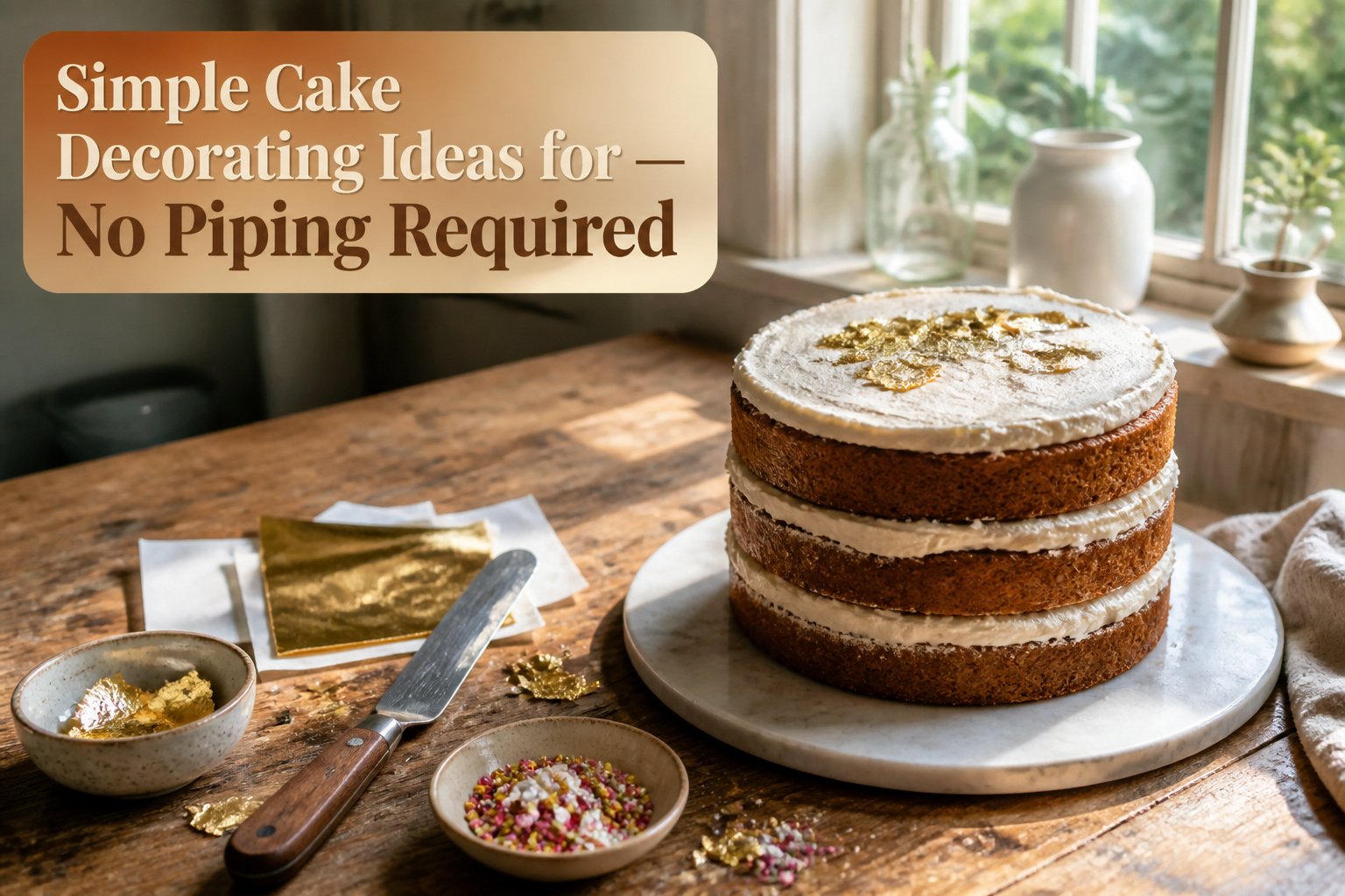 Various decorated cakes demonstrating simple cake decorating techniques.