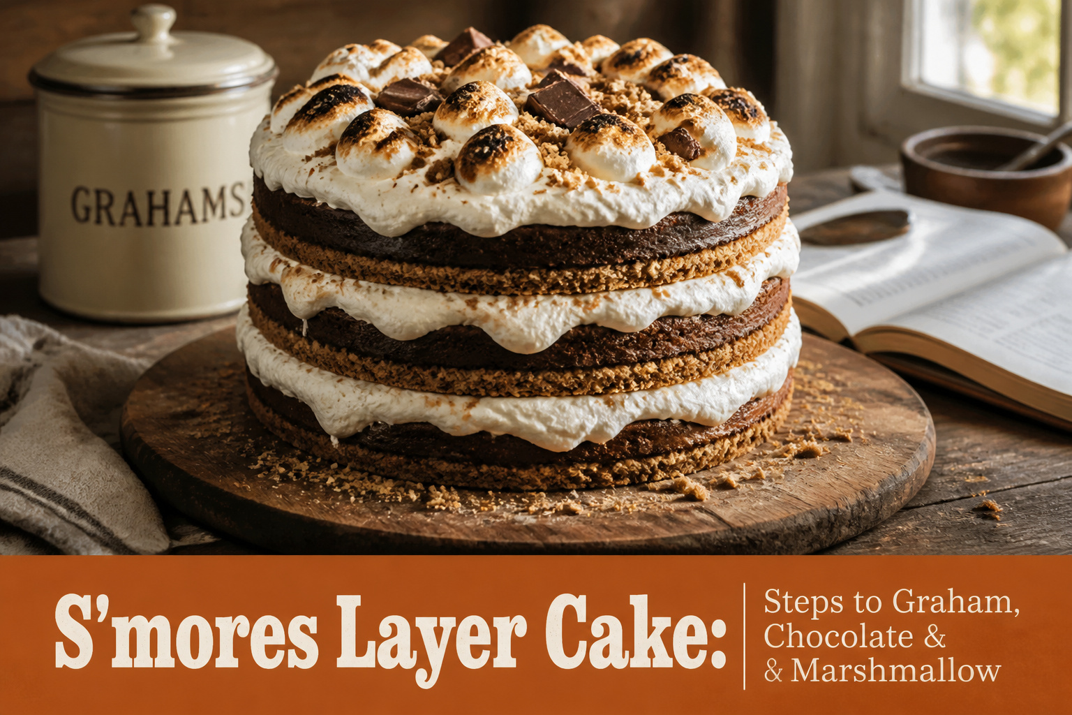 A s'mores layer cake with chocolate layers and toasted marshmallows on top.
