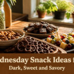 A variety of dark snacks including fruits, chocolates, and baked goods.